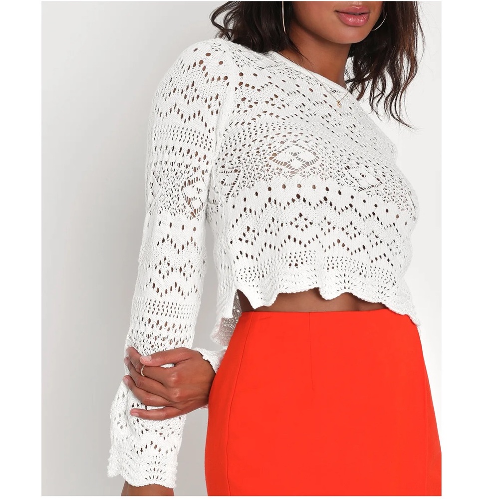Lulus Perfect Outlook Ivory Crochet Long Sleeve Cropped Sweater Top in Large